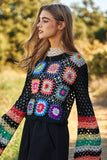 Floral Crochet Striped Sleeve Cropped Knit Sweater